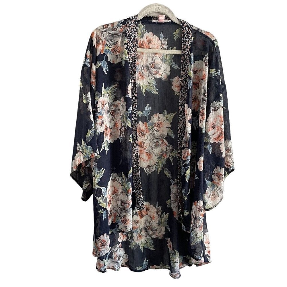 Band of Gypsies Women SZ XS Navy Blue Floral Tunic Length Open Front Kimono